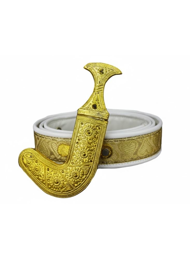 Premium Traditional Gold Arabian Jambiya Dagger Belt With Arabian Dagger Khanjar With Belt – Gold-Finished Curved Handle with Embossed Pattern Strap, Cultural Dress Accessory for Men - Image 1